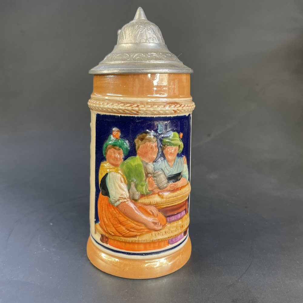 Small Vintage German Lidded‎ Mini Beer Stein Tavern Scene Floral